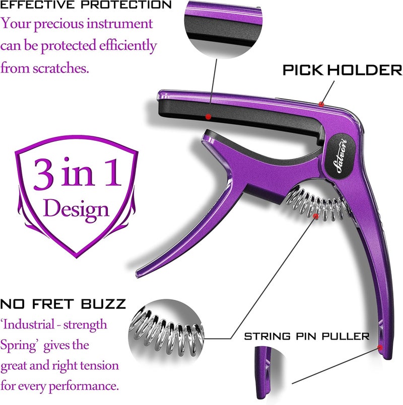 Salvori Exclusive Gradient ‘Royal Silk’ Purple Heavy-Duty Guitar Capo for Acoustic/Electric Guitar with 4 Picks, Guitar Clip/Guitar Clamp - Image 5